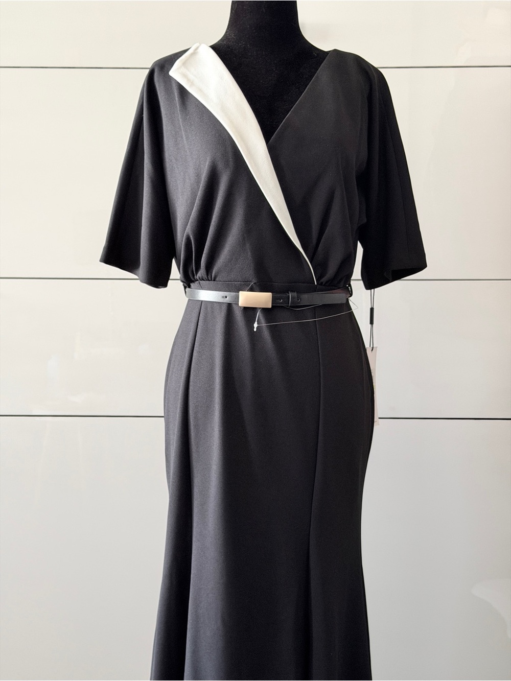 Calvin Klein Black Dress with White Lapel Detail
